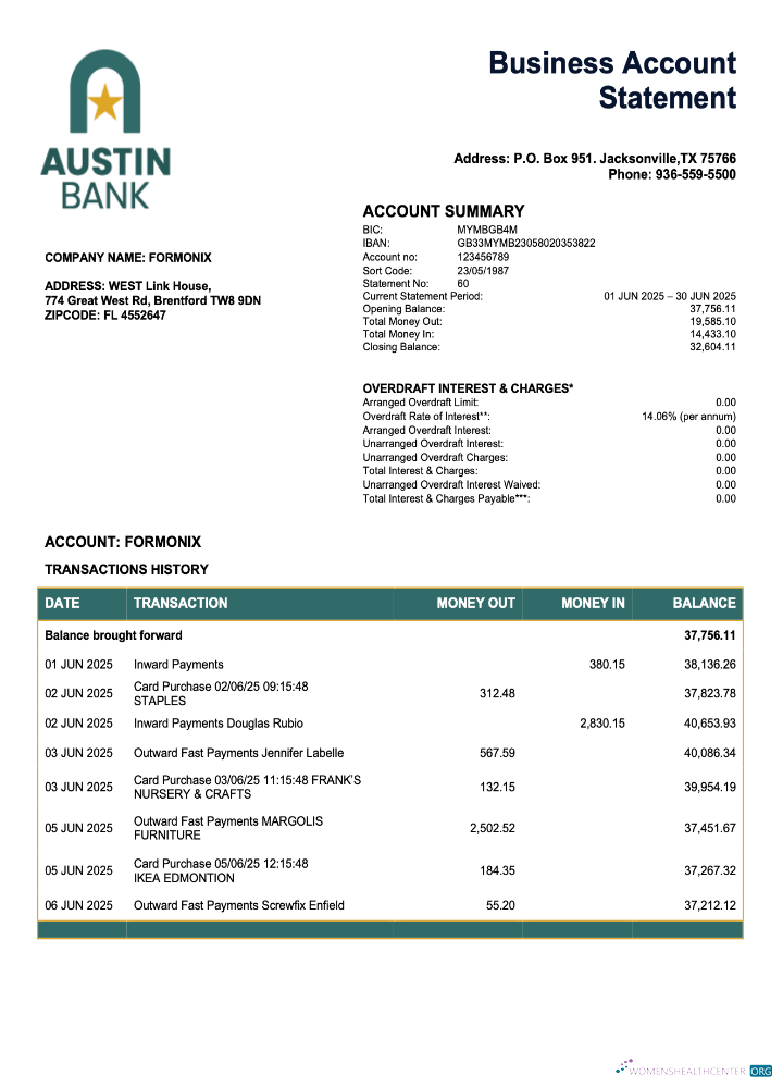 Download USA Austin firm account statement Word and PDF template Photoshop template